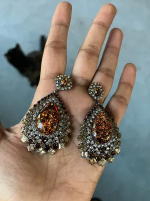 Brown crystal earrings , big brown earrings , long brown rhinestone earrings , big brown gold earrings