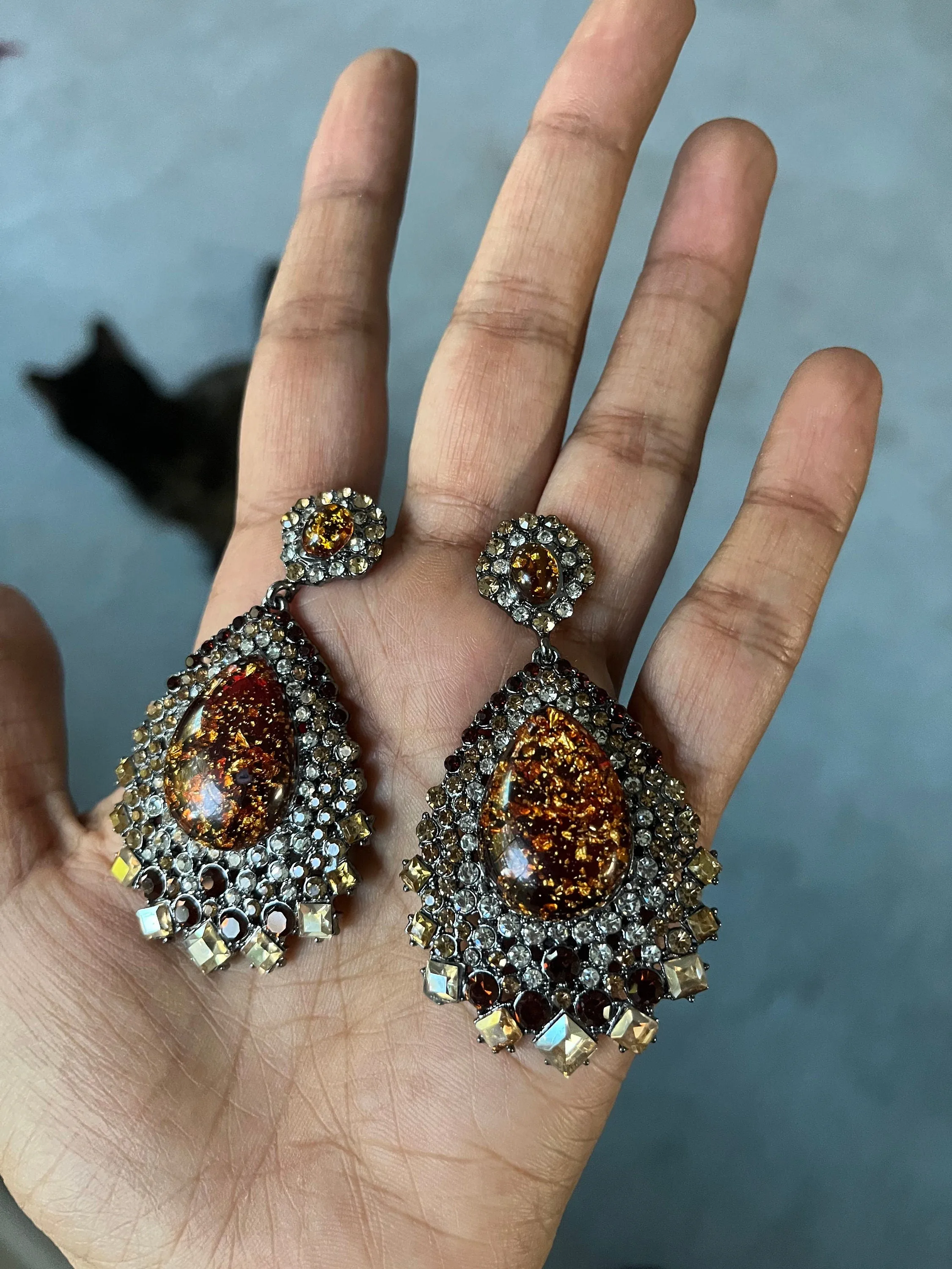 Brown crystal earrings , big brown earrings , long brown rhinestone earrings , big brown gold earrings
