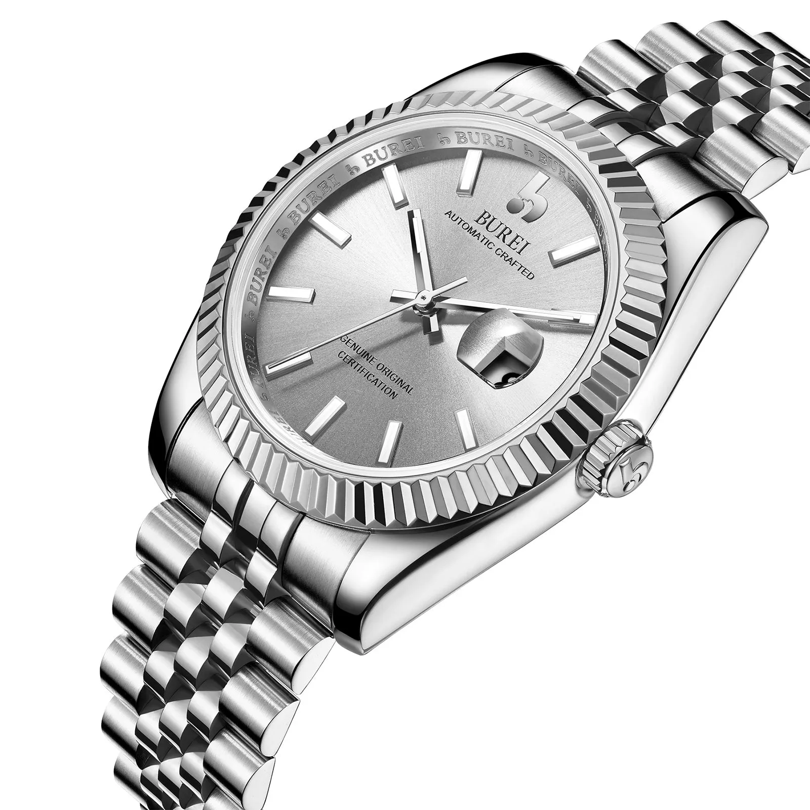 BUREI Mens Luxury Automatic Watches Blue Dial Analog Date Window Display Sapphire Crystal Lens with Stainless Steel Band