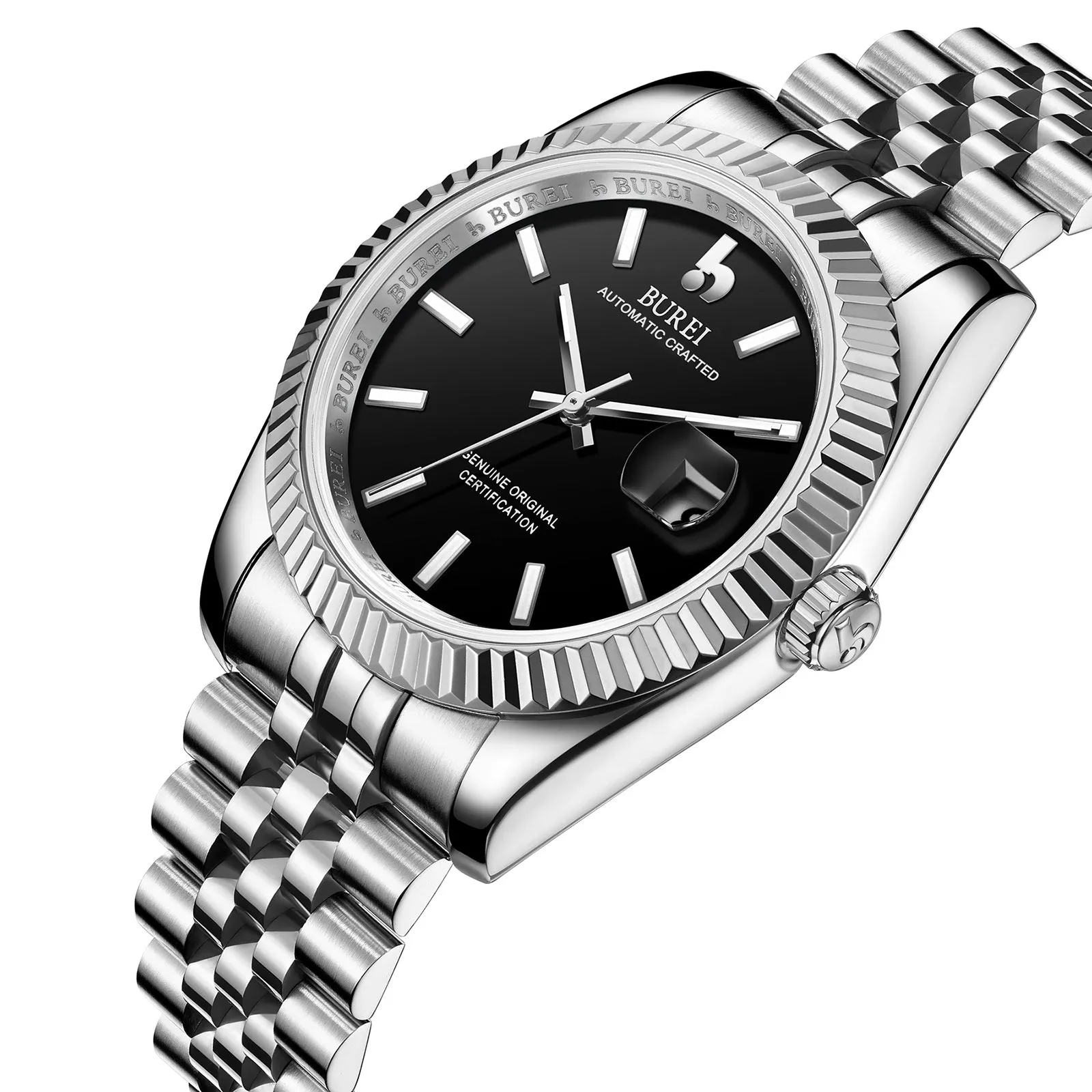 BUREI Mens Luxury Automatic Watches Blue Dial Analog Date Window Display Sapphire Crystal Lens with Stainless Steel Band