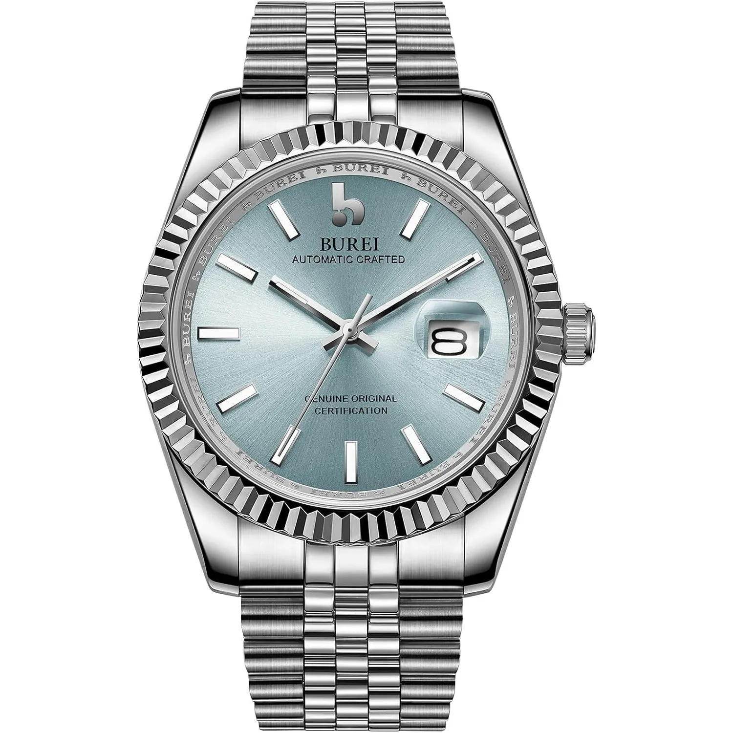 BUREI Mens Luxury Automatic Watches Blue Dial Analog Date Window Display Sapphire Crystal Lens with Stainless Steel Band