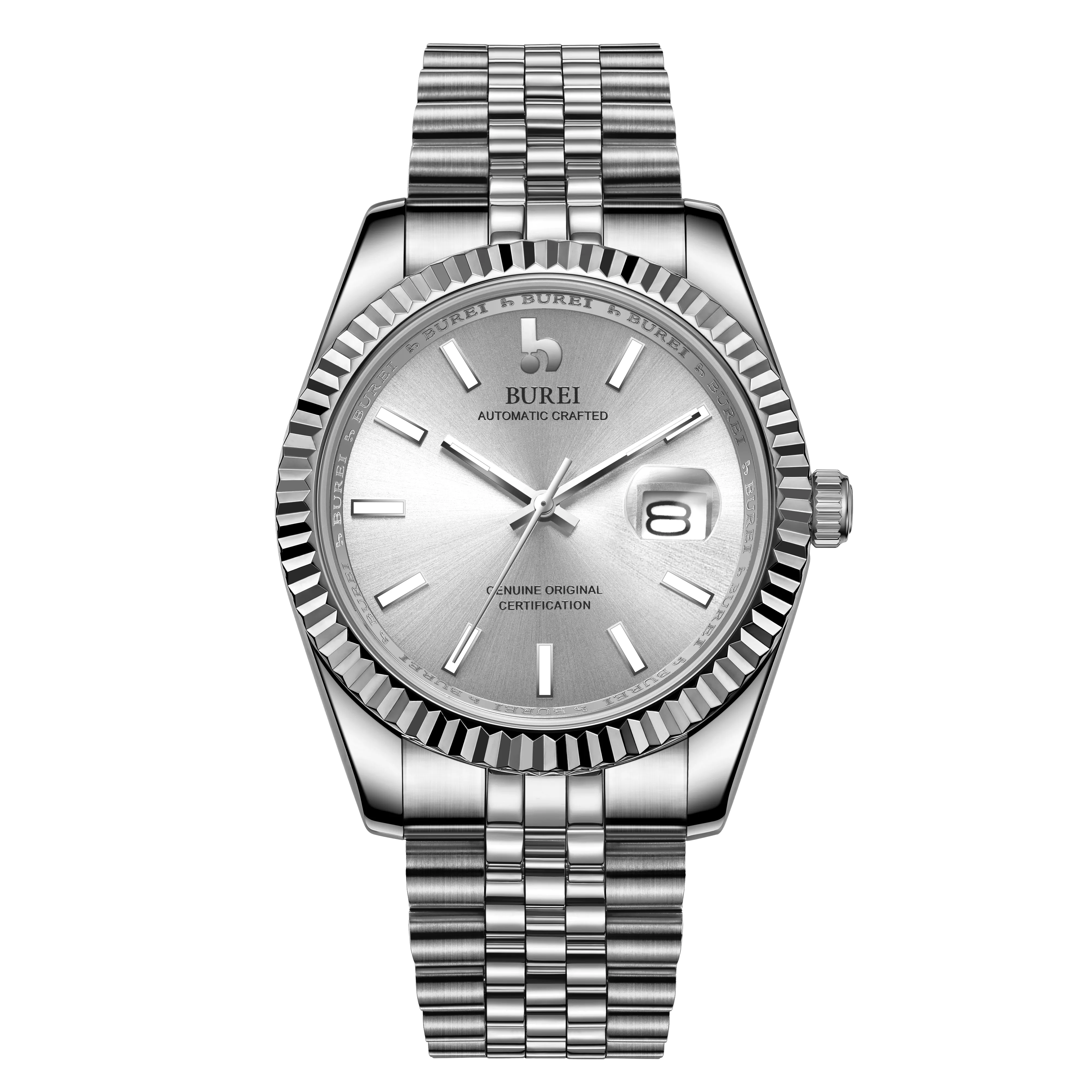 BUREI Mens Luxury Automatic Watches Blue Dial Analog Date Window Display Sapphire Crystal Lens with Stainless Steel Band