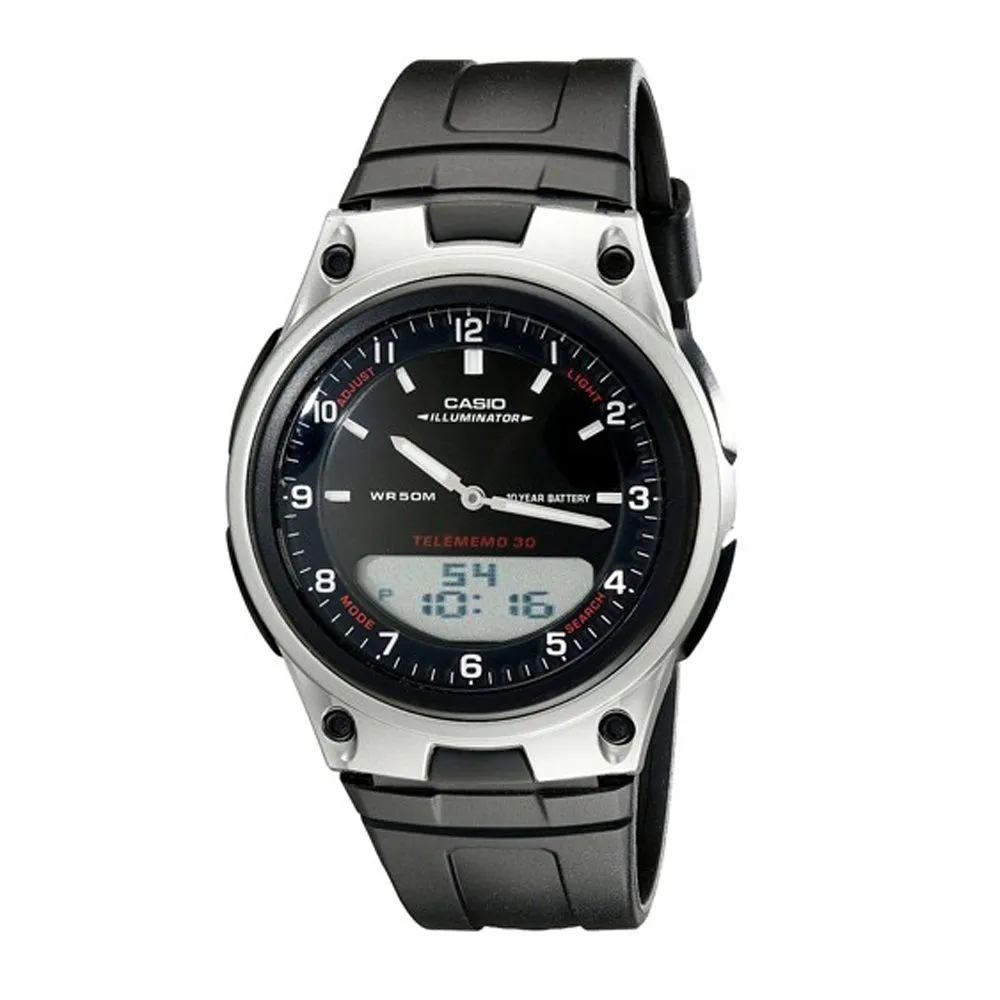Casio Youth Analog-Digital Telememo Illuminator Black/Silver Men's Watch, Black Resin Band, AW-80-1AVDF