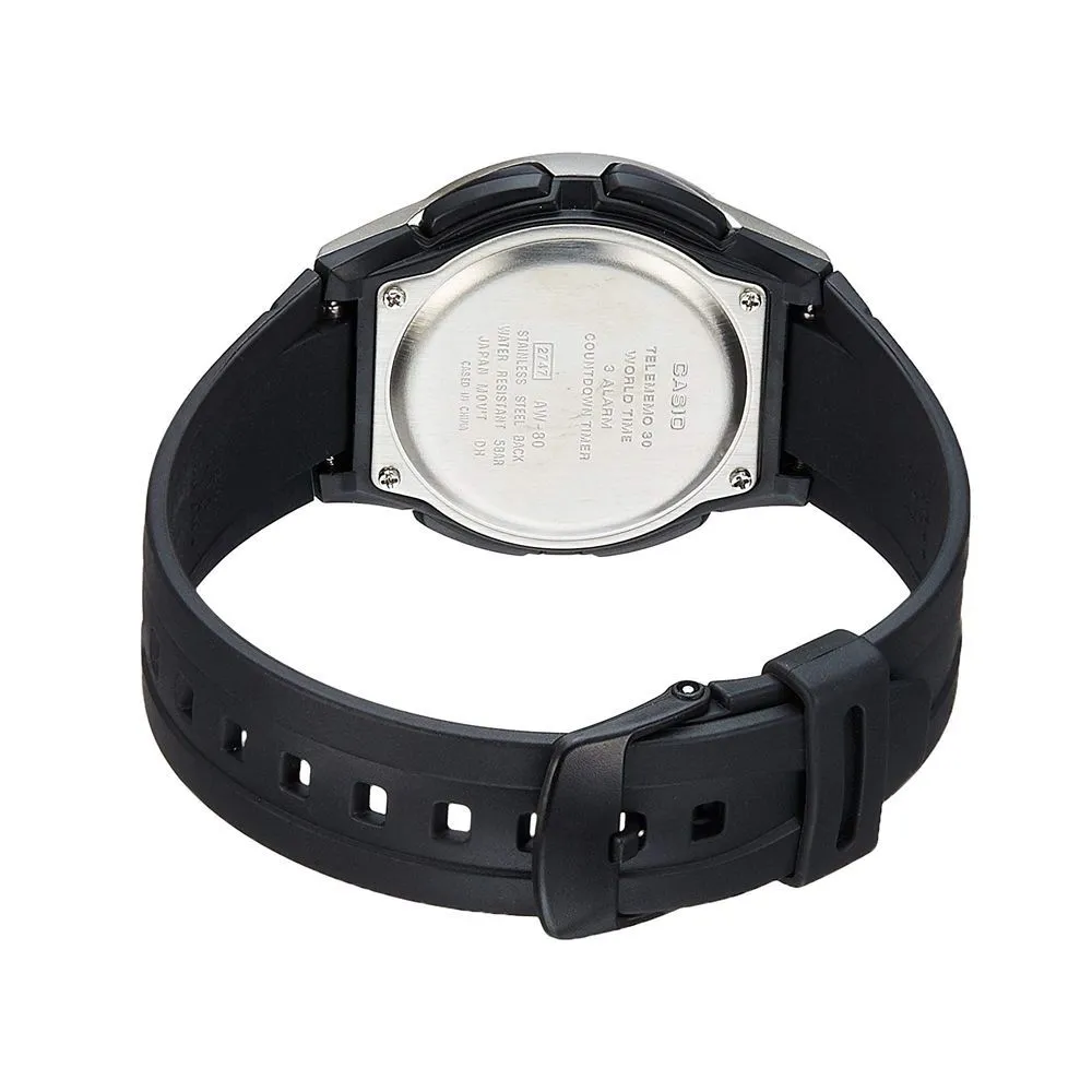 Casio Youth Analog-Digital Telememo Illuminator Black/Silver Men's Watch, Black Resin Band, AW-80-1AVDF