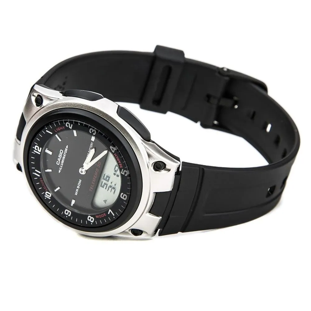Casio Youth Analog-Digital Telememo Illuminator Black/Silver Men's Watch, Black Resin Band, AW-80-1AVDF