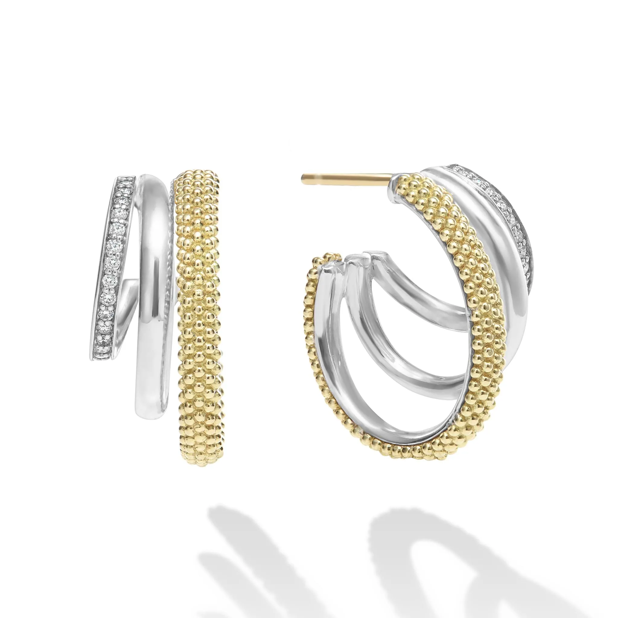 Caviar Lux Two-Tone Three Ring Diamond Hoop Earrings