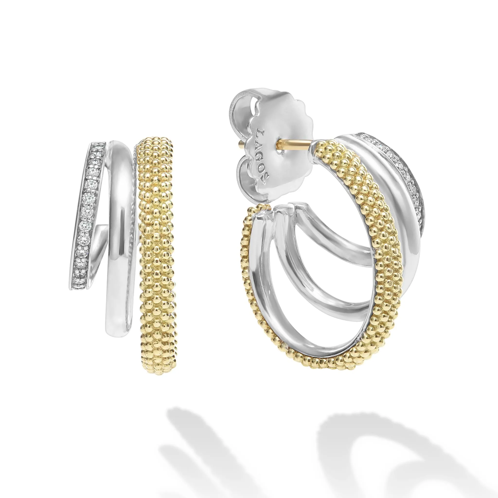 Caviar Lux Two-Tone Three Ring Diamond Hoop Earrings