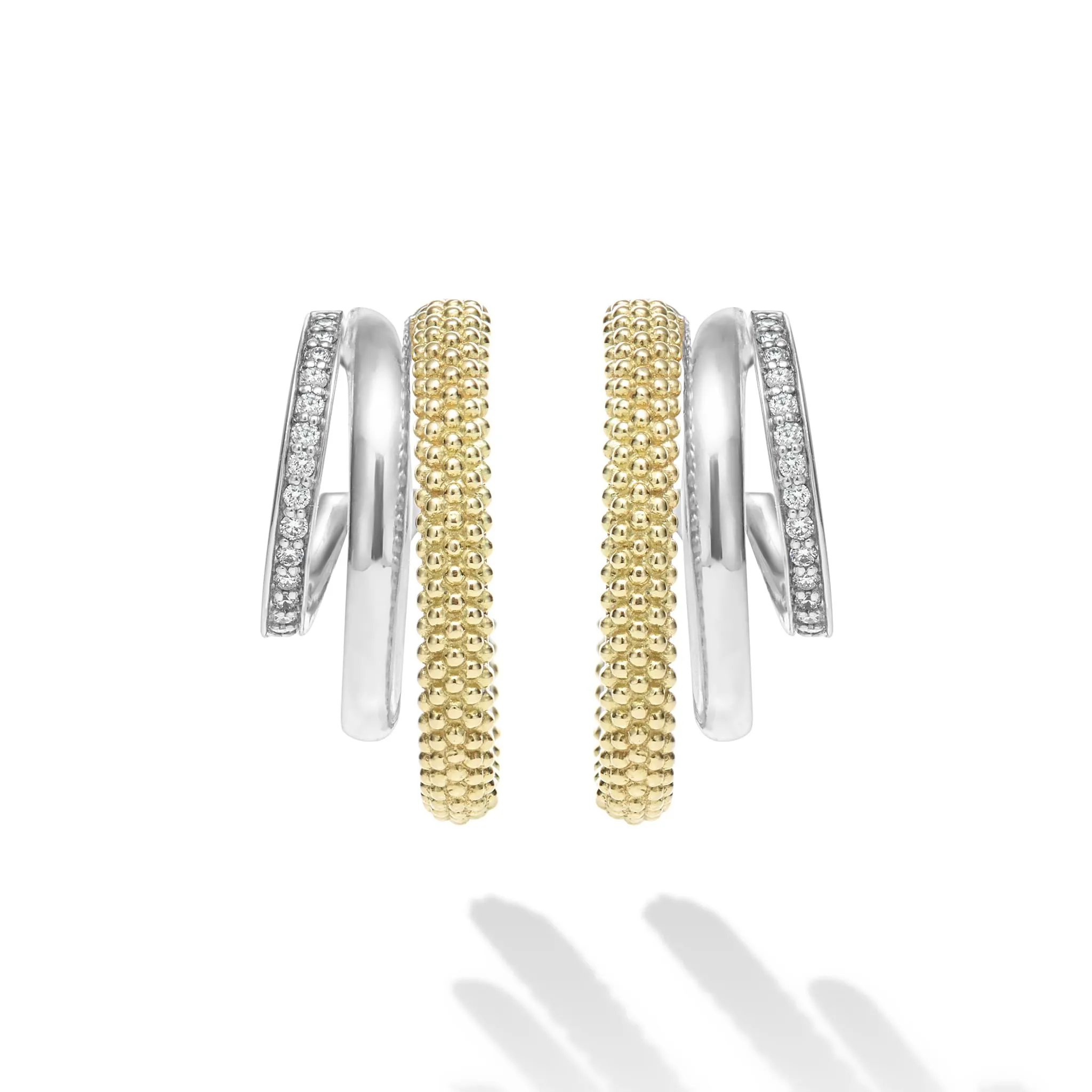 Caviar Lux Two-Tone Three Ring Diamond Hoop Earrings