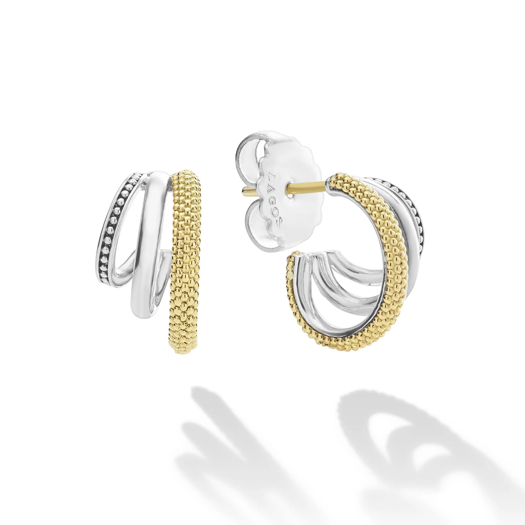 Caviar Lux Two-Tone Three Ring Hoop Earrings