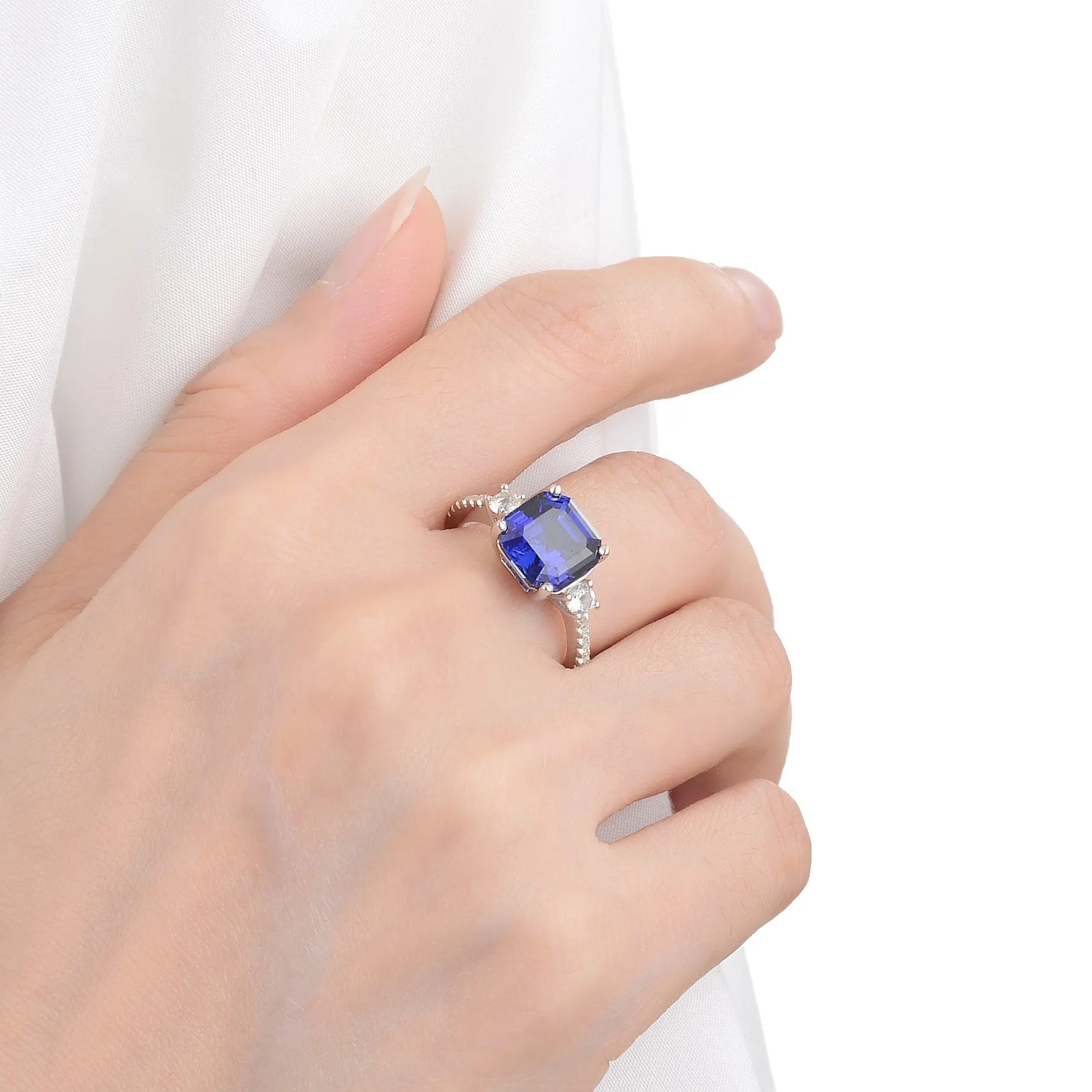 Ceylon Sapphire Cushion Three Stone Ring