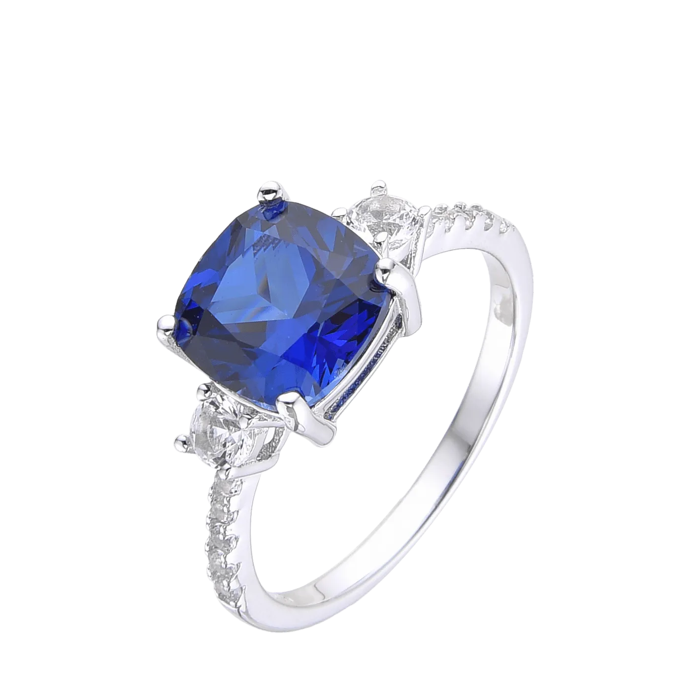 Ceylon Sapphire Cushion Three Stone Ring