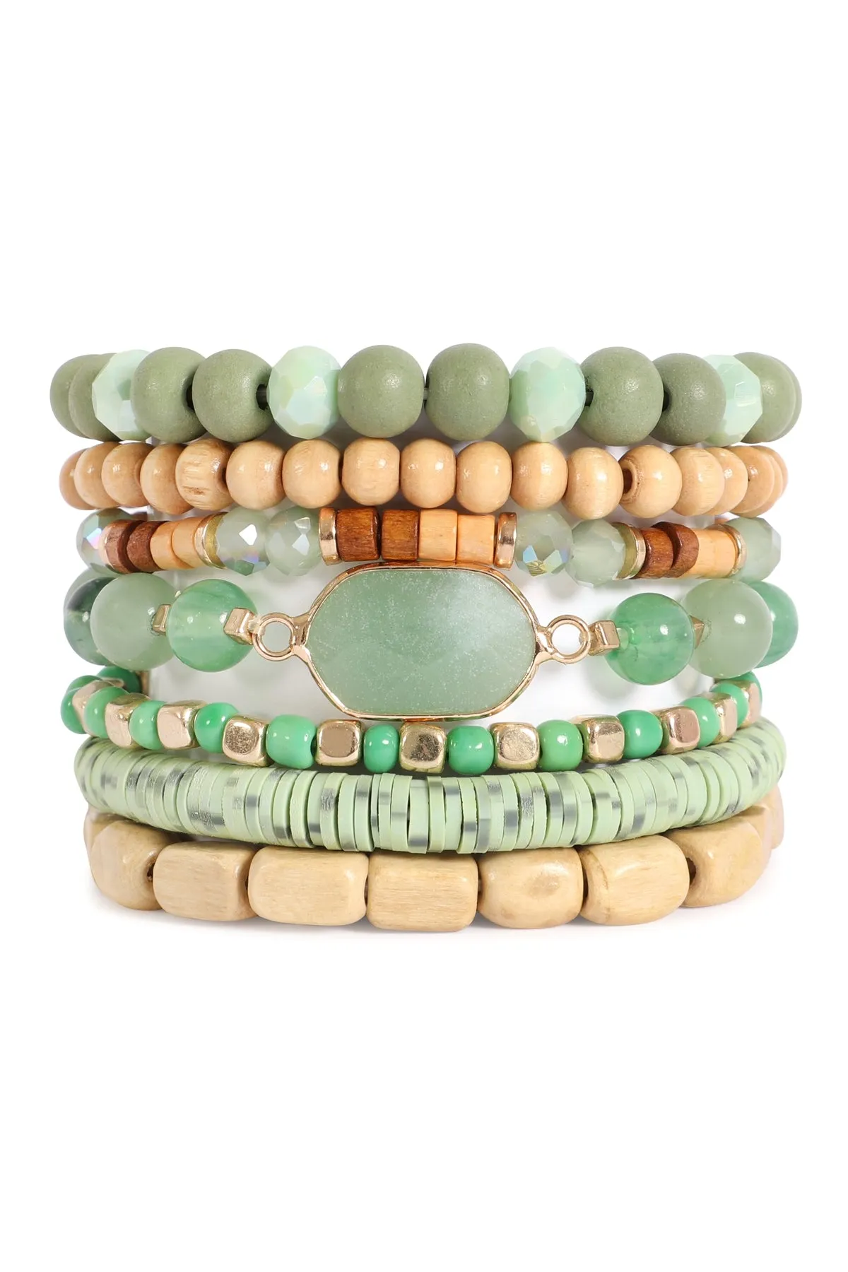 Charm Layered Wood, FIMO, Rondelle Mix Beads Stackable Bracelet Green - Pack of 6