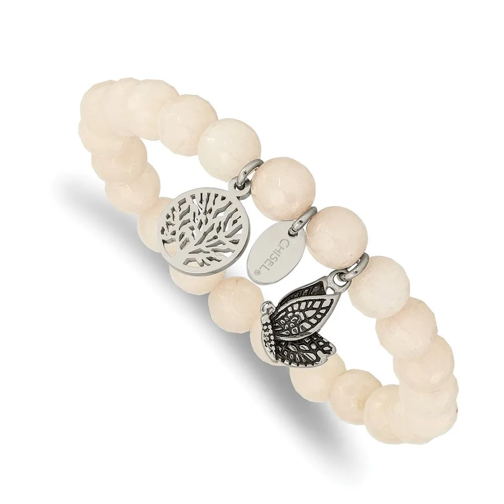 Chisel Stainless Steel Antiqued and Polished Butterfly and Tree of Life 8mm White Jade Beaded Stretch Bracelet