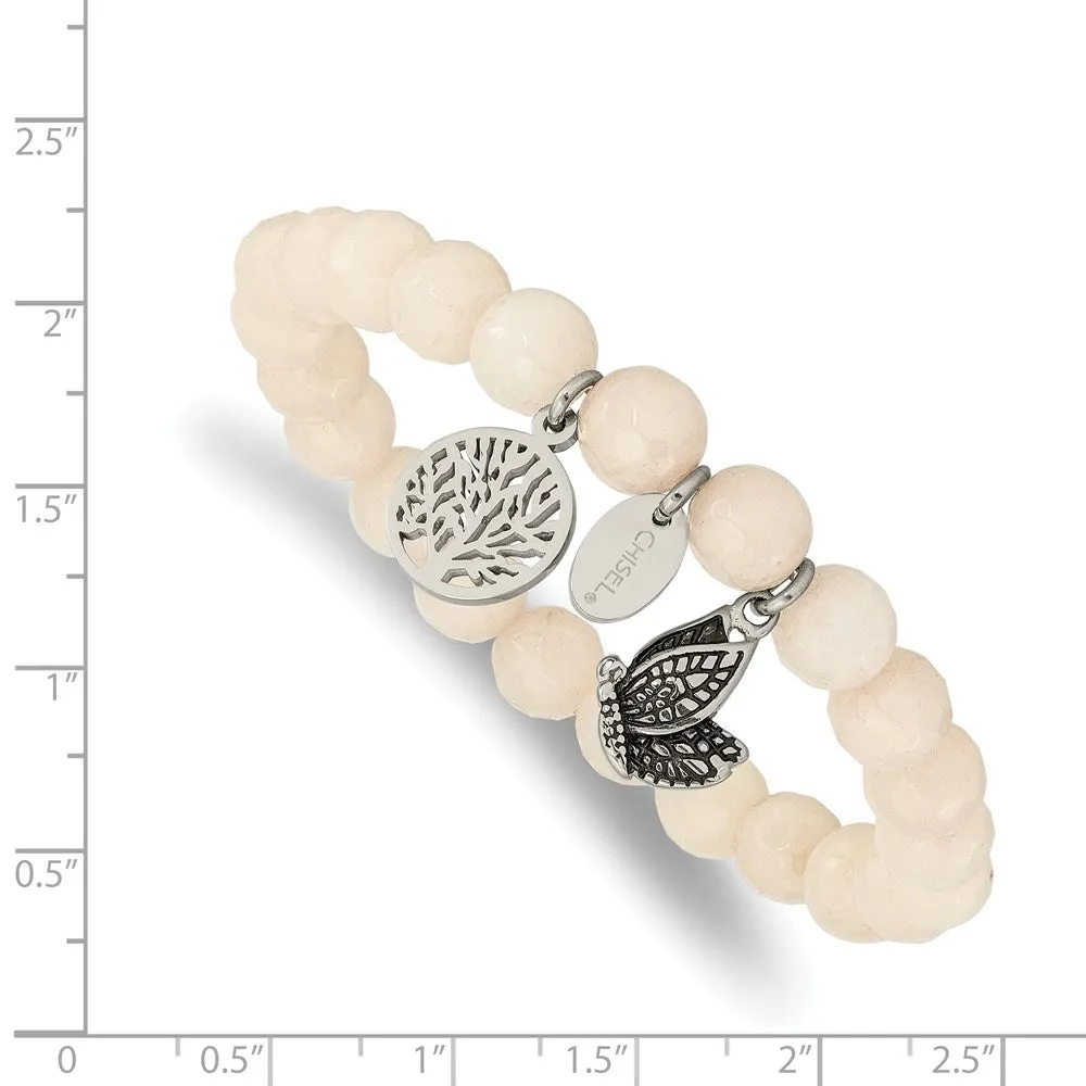 Chisel Stainless Steel Antiqued and Polished Butterfly and Tree of Life 8mm White Jade Beaded Stretch Bracelet