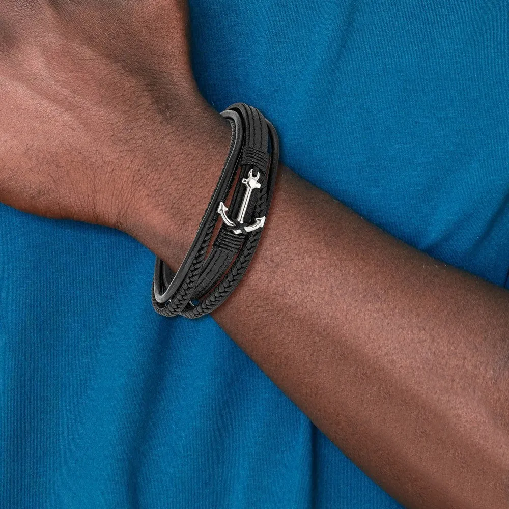 Chisel Stainless Steel Polished Anchor Black PU Leather 7.75 inch Bracelet with .5 inch Extension