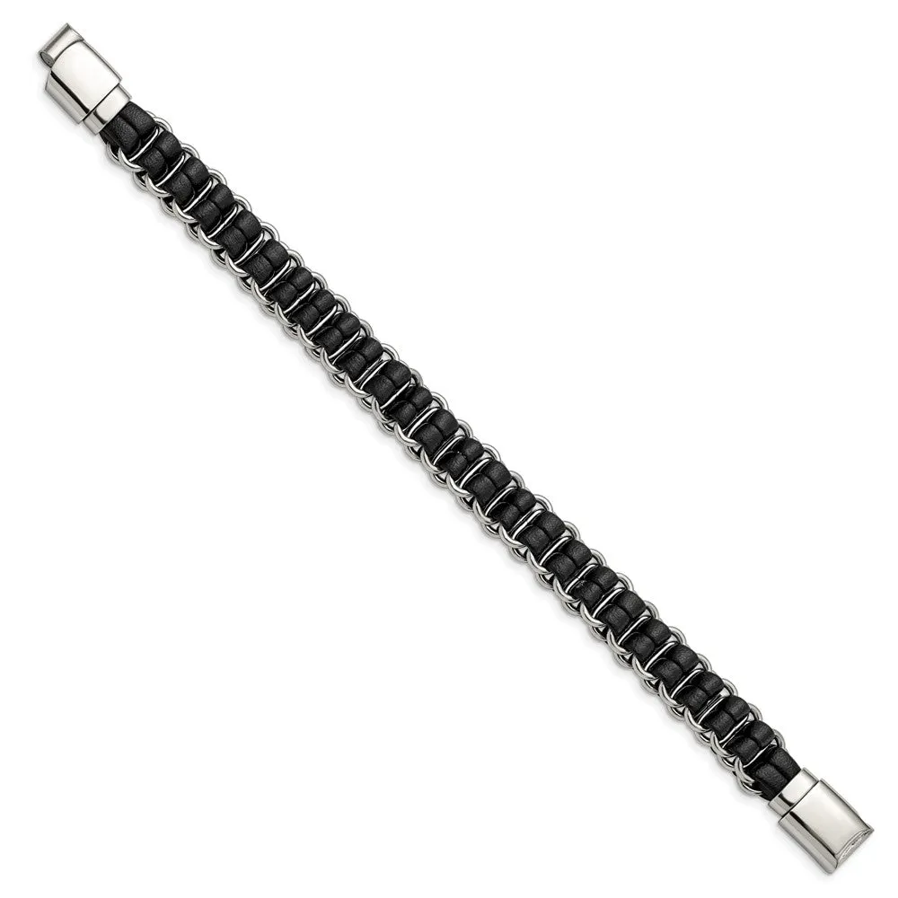 Chisel Stainless Steel Polished Black Leather 8.5 inch Bracelet