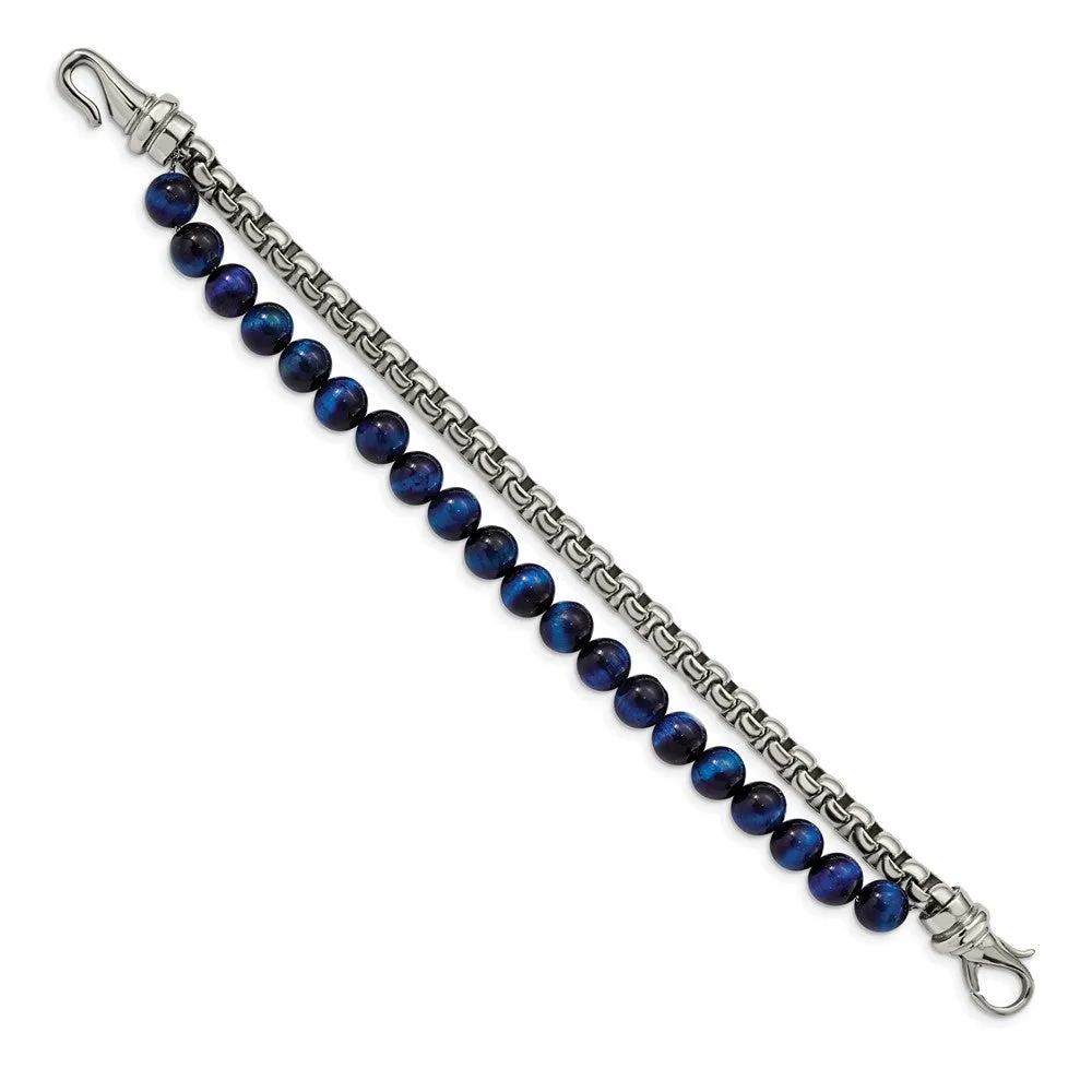 Chisel Stainless Steel Polished Box Chain and Blue Tiger's Eye Beads 2 Strand 8.5 inch Bracelet