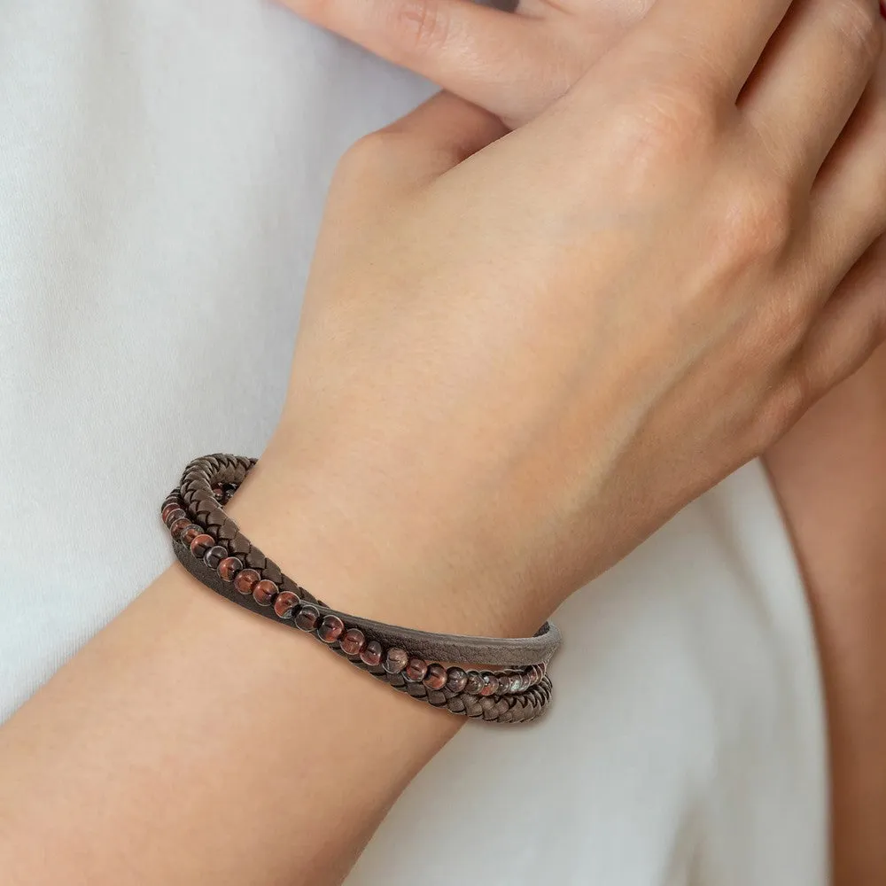 Chisel Stainless Steel Polished Multi Strand Tiger's Eye Beaded Brown Leather 8.25 inch Bracelet