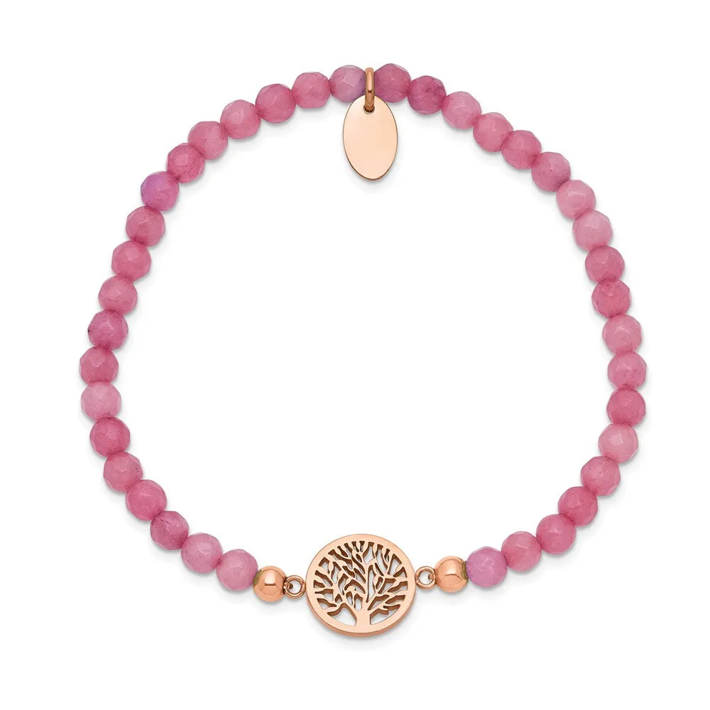 Chisel Stainless Steel Polished Rose IP-plated Tree of Life 4mm Red Jade Beaded Stretch Bracelet