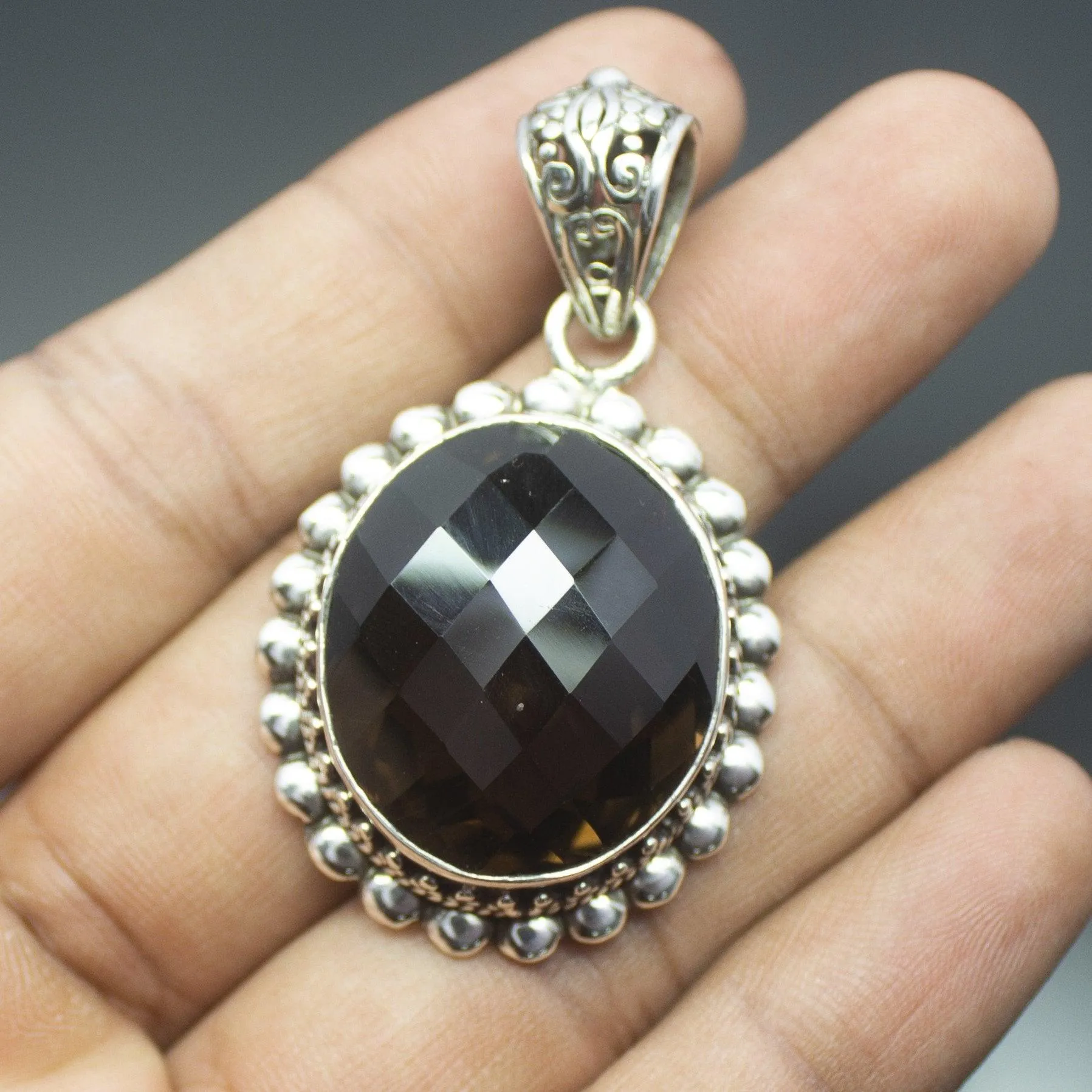 Christmas Gift,  21.7g, Totally Handmade Natural Smoky Quartz Oval Shape 925 Sterling Silver Pendant