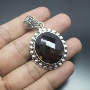 Christmas Gift,  21.7g, Totally Handmade Natural Smoky Quartz Oval Shape 925 Sterling Silver Pendant