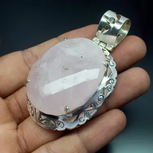 Christmas Gift,  55.6g, Totally Handmade Natural HUGE Rose Quartz Oval Shape 925 Sterling Silver Pendant
