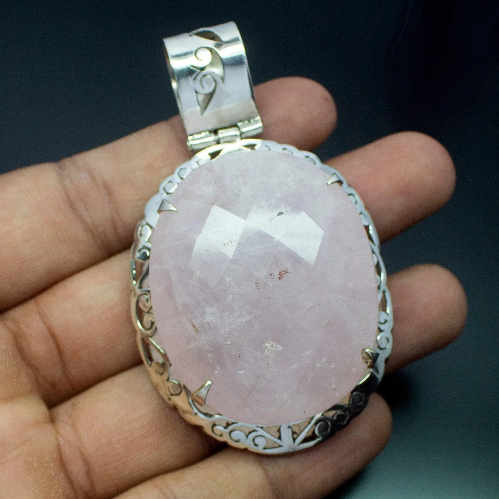 Christmas Gift,  55.6g, Totally Handmade Natural HUGE Rose Quartz Oval Shape 925 Sterling Silver Pendant