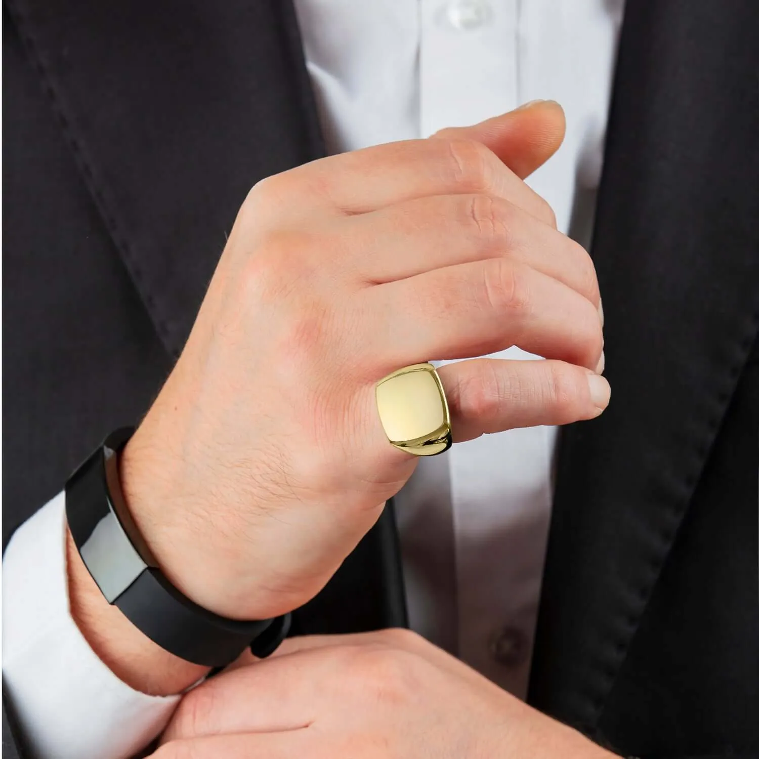 Classic Plain Polished Square Signet Ring Band for Men 18ct Gold Plated