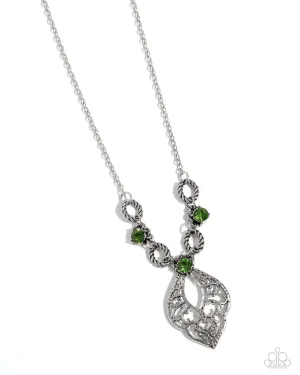 Contemporary Connections - Green - Hammered Filigree Rhinestone Pendant Paparazzi Short Necklace