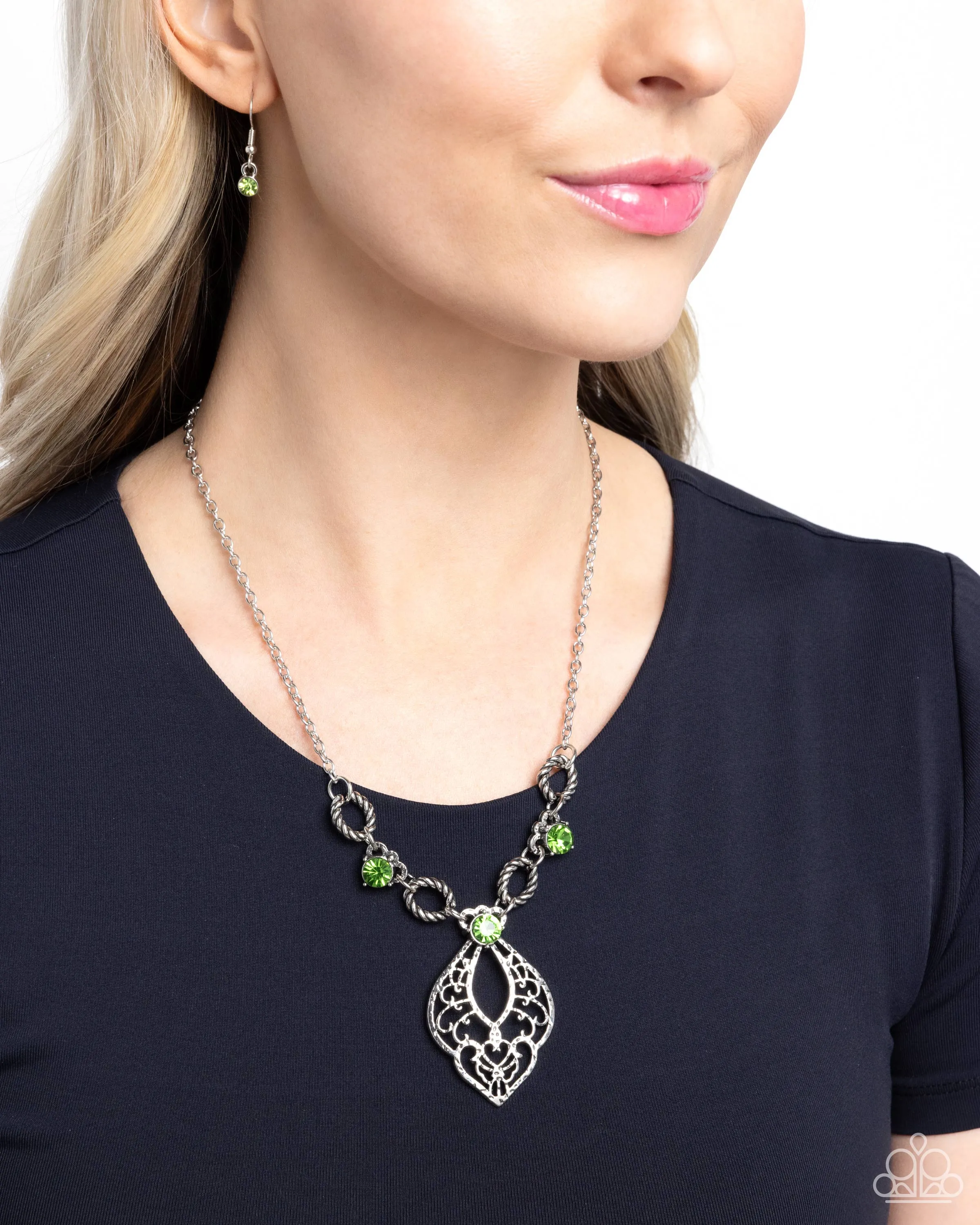 Contemporary Connections - Green - Hammered Filigree Rhinestone Pendant Paparazzi Short Necklace