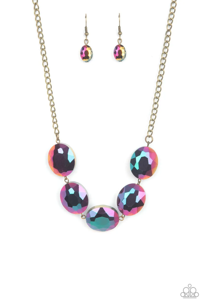 Cosmic Closeup - Brass - Oil Spill Bead Paparazzi Short Necklace
