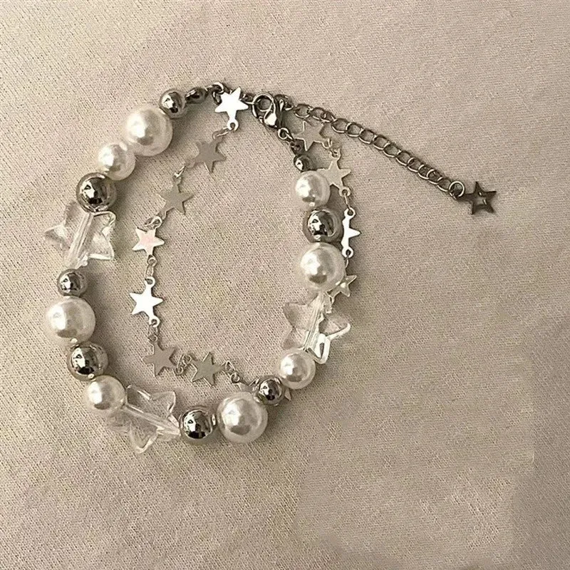 Crystal Star Pentagram Pearl Beaded Bracelet for Women Vintage Aesthetic Charm Double Layer Chain Bracelet Jewelry Gift