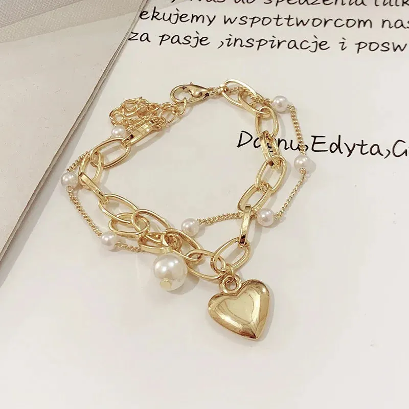 Crystal Star Pentagram Pearl Beaded Bracelet for Women Vintage Aesthetic Charm Double Layer Chain Bracelet Jewelry Gift