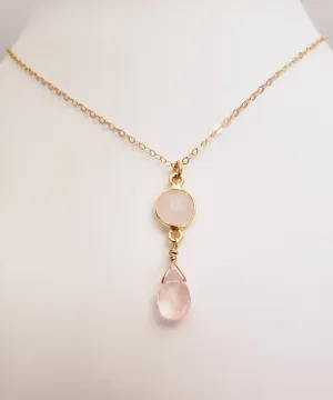 Delicate Pendant Necklace Features a Faceted Bezel Set Rose Quartz With a Faceted Tear Drop on a Fine Gold-Filled Chain.