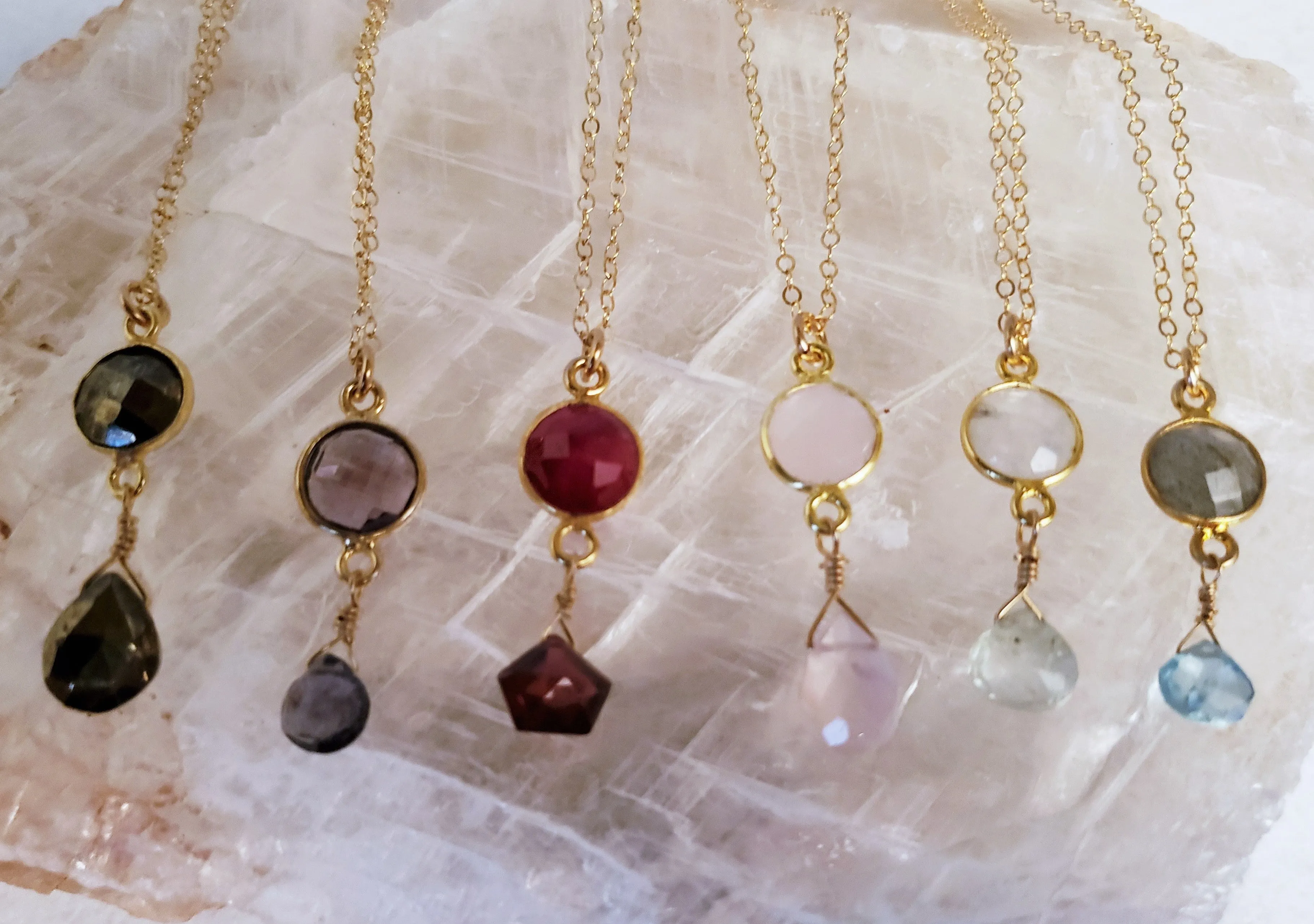 Delicate Pendant Necklace Features a Faceted Bezel Set Rose Quartz With a Faceted Tear Drop on a Fine Gold-Filled Chain.