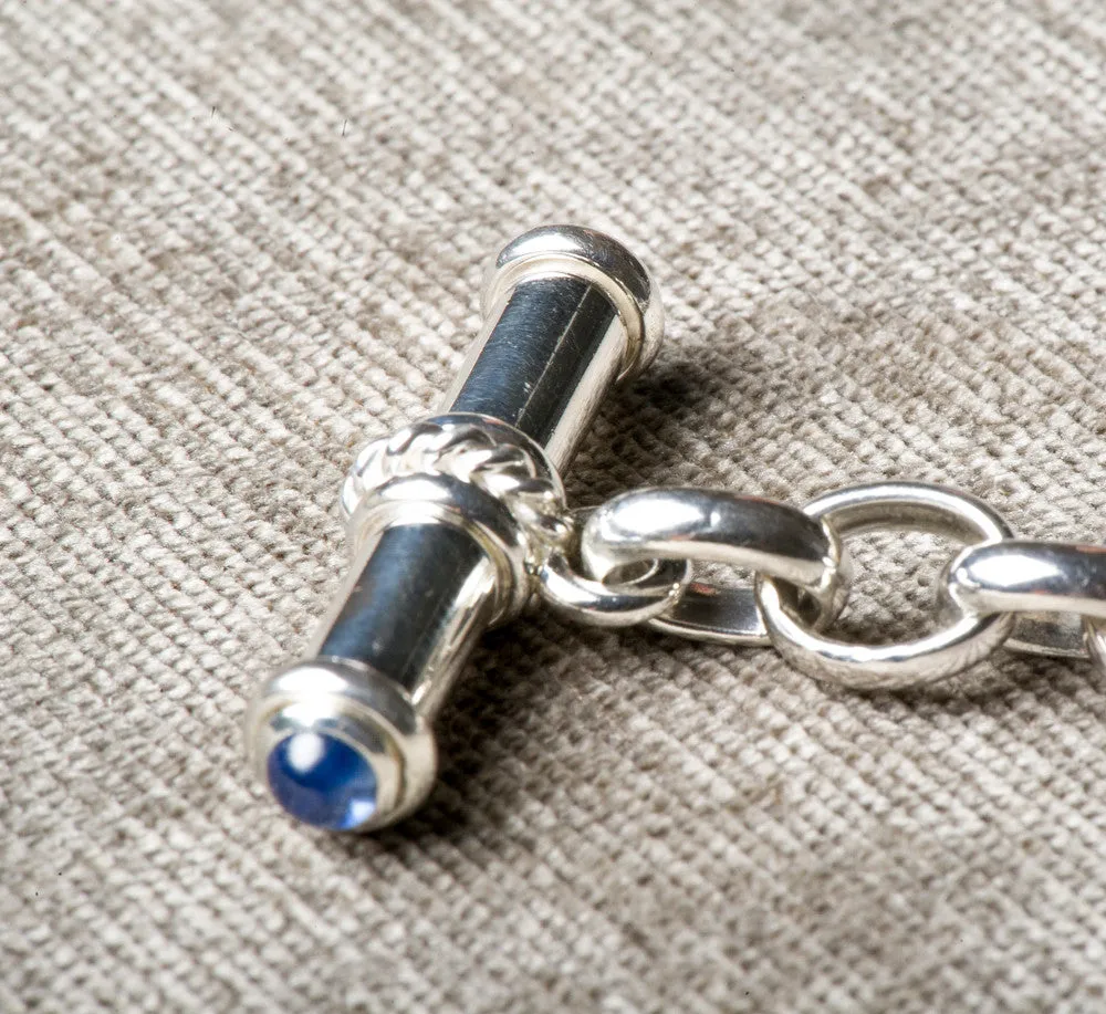 DFS | Sterling Silver Handmade Bar Link Bracelet with Sapphire Toggle
