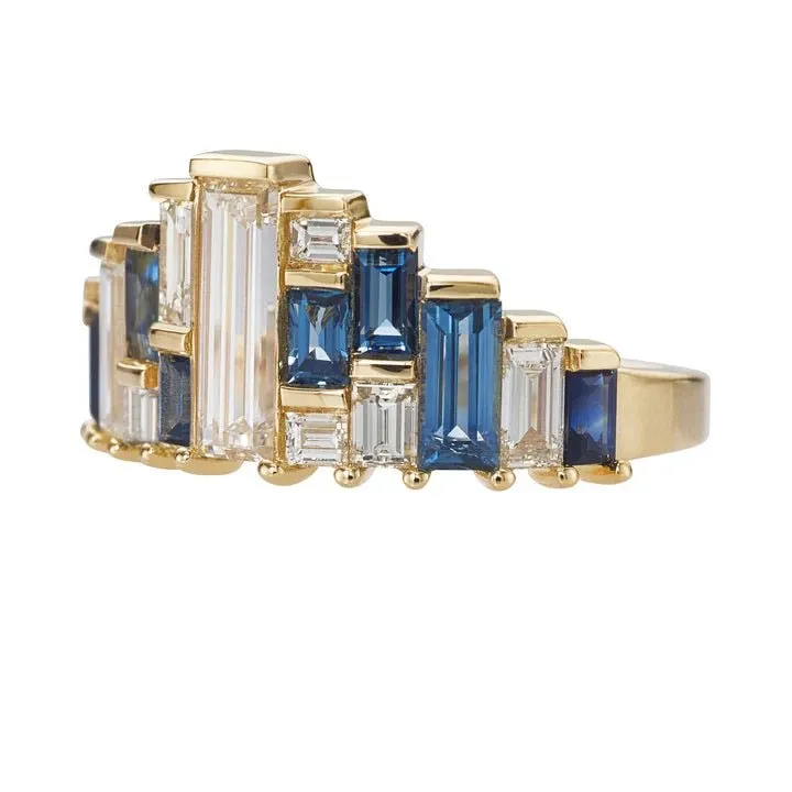 Diamond & Blue Sapphire Baguette "Tiara" Ring