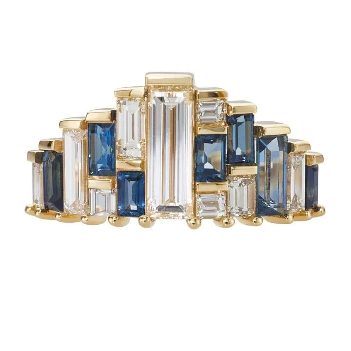 Diamond & Blue Sapphire Baguette "Tiara" Ring