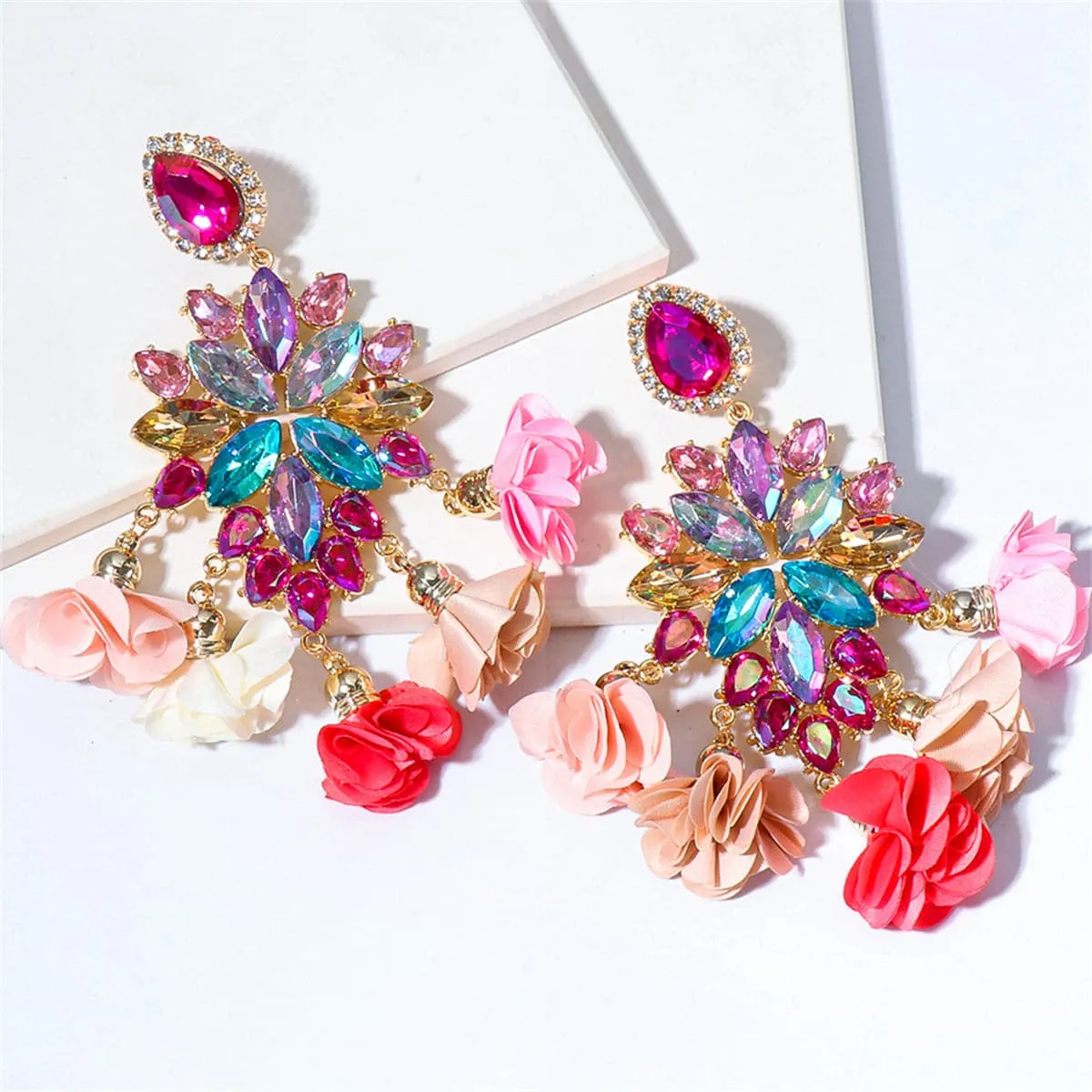 Dusty Pink & Magenta Crystal Flower Tassel Drop Earrings