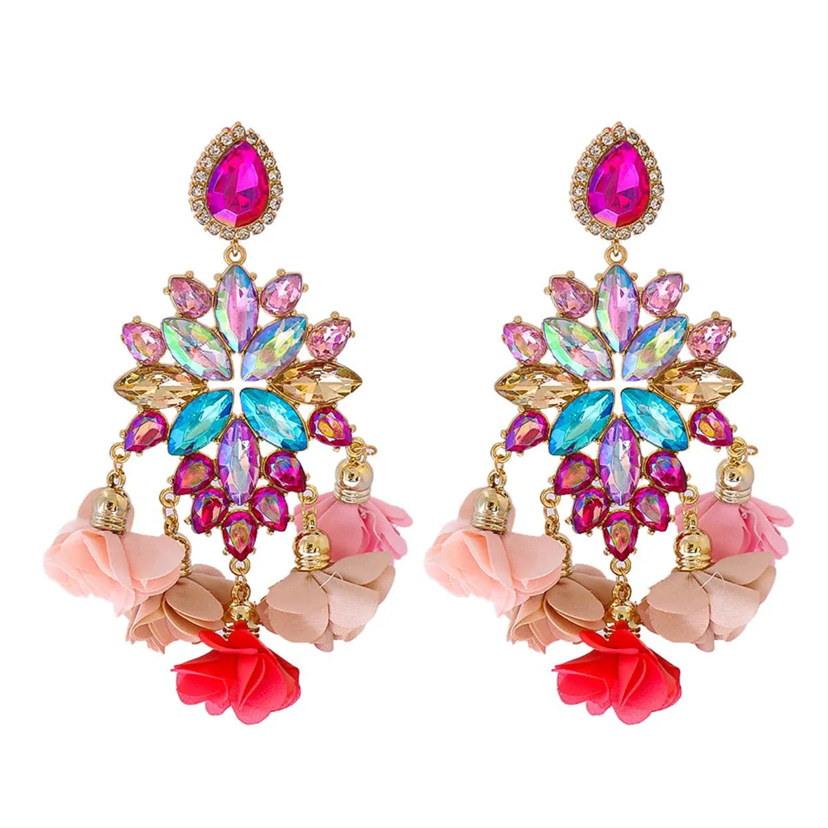 Dusty Pink & Magenta Crystal Flower Tassel Drop Earrings