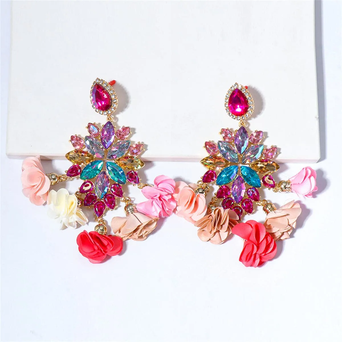 Dusty Pink & Magenta Crystal Flower Tassel Drop Earrings