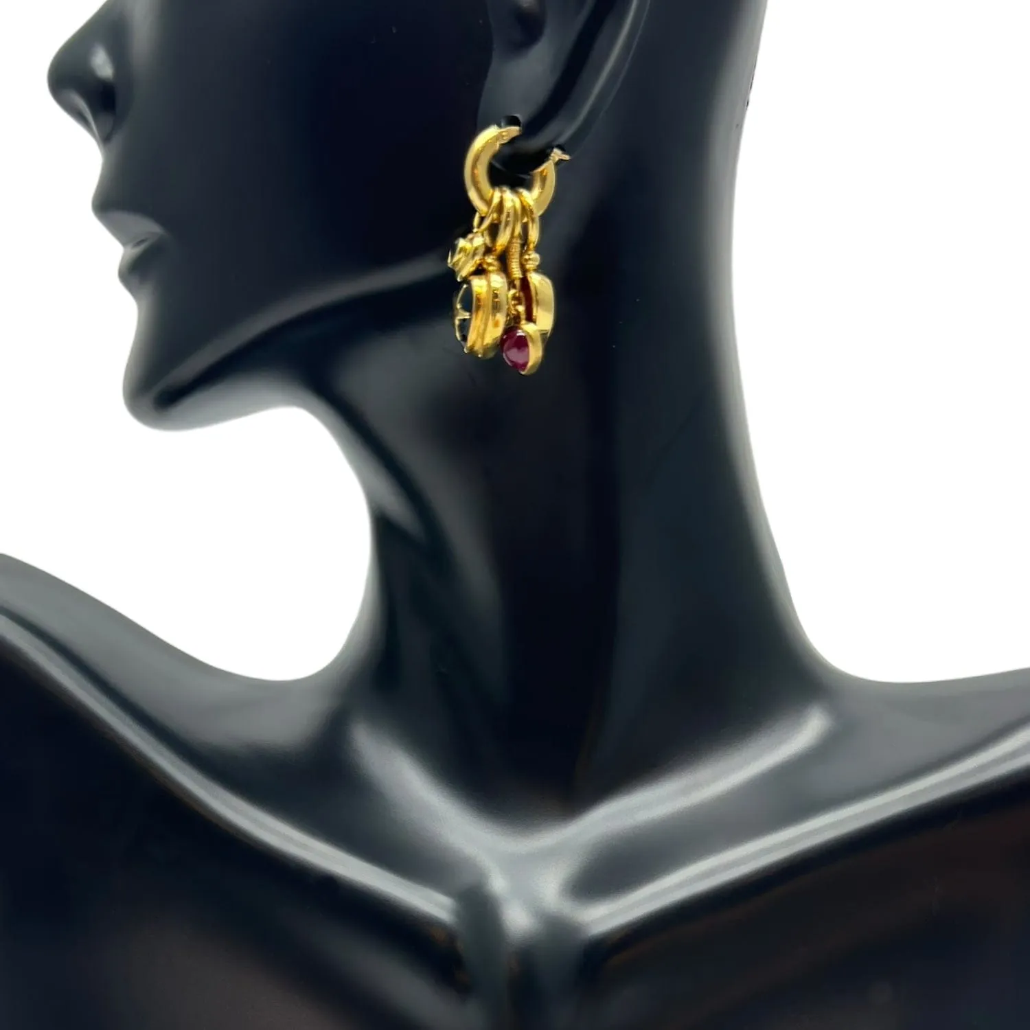 EARRINGS 14K Hoops with 4 Sets of Gold, Sapphire & Ruby Heart Charms