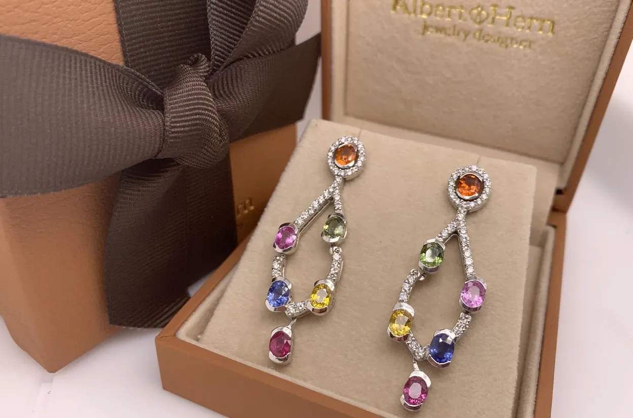 Earrings 18kt Gold Chandelier with Multicolor Sapphires & Diamonds