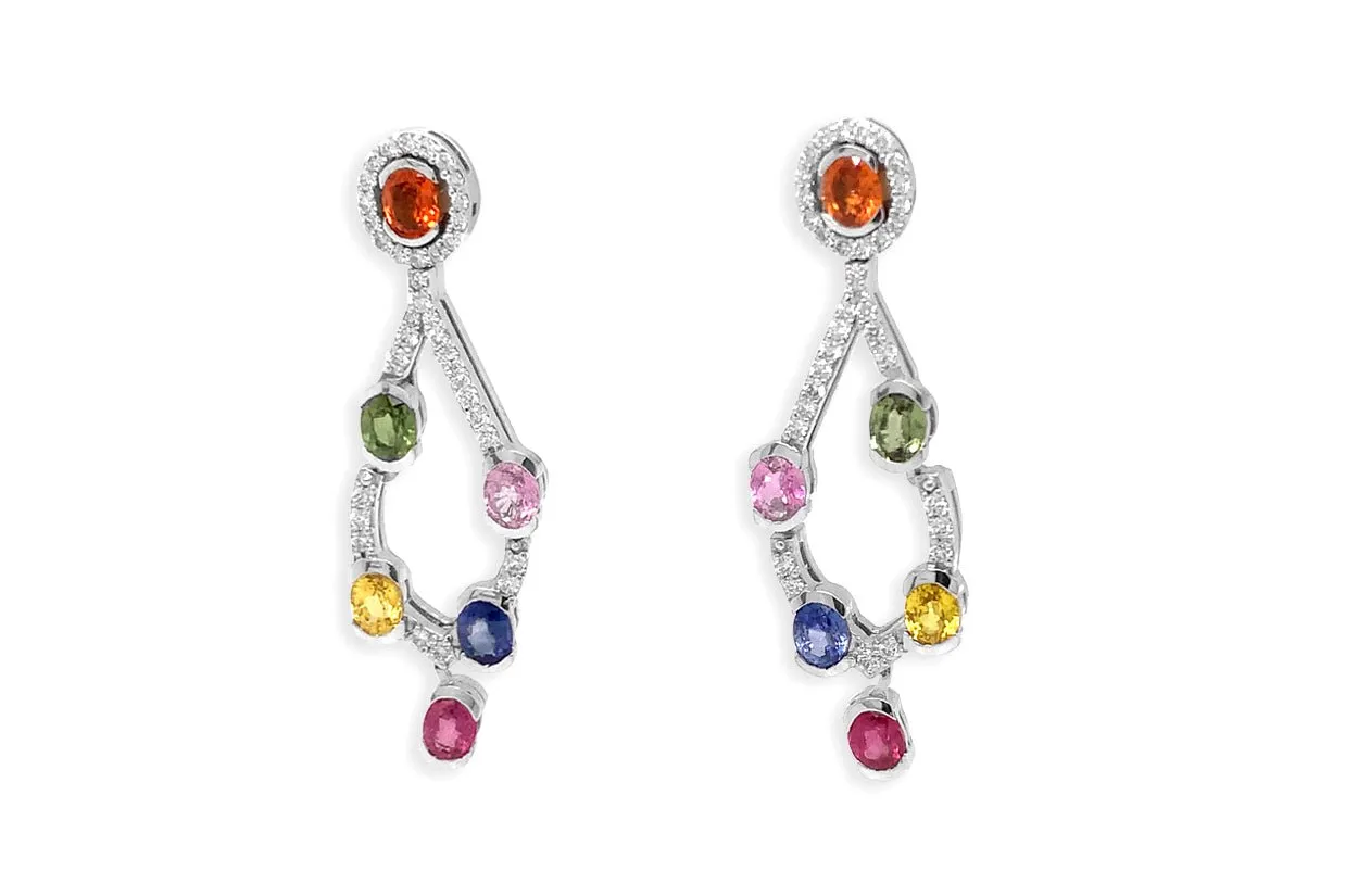 Earrings 18kt Gold Chandelier with Multicolor Sapphires & Diamonds