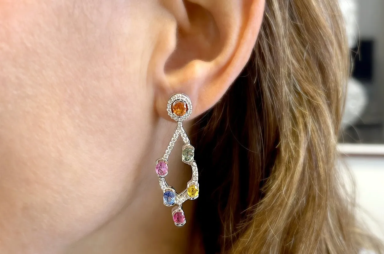Earrings 18kt Gold Chandelier with Multicolor Sapphires & Diamonds