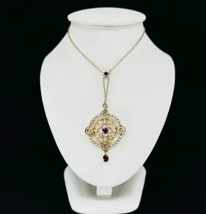 Edwardian Ruby and Pearl Pendant Necklace