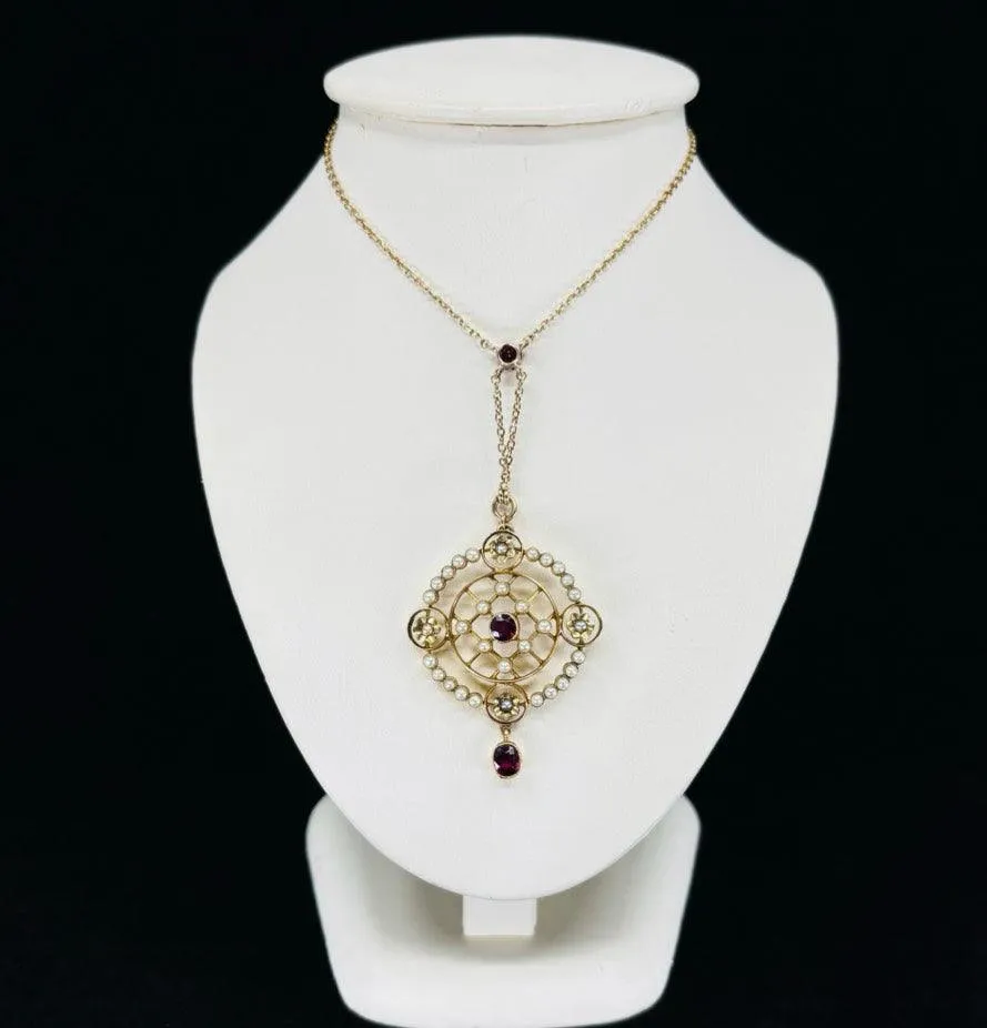 Edwardian Ruby and Pearl Pendant Necklace