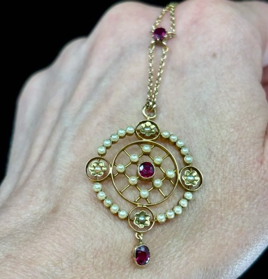 Edwardian Ruby and Pearl Pendant Necklace