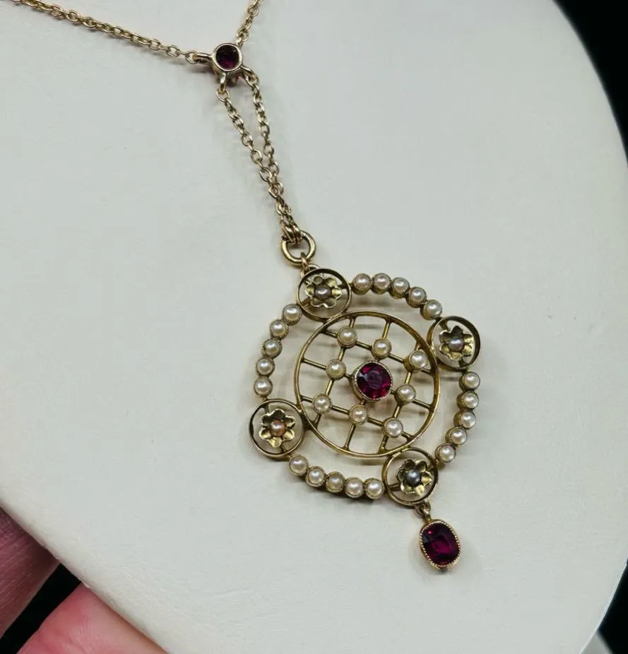 Edwardian Ruby and Pearl Pendant Necklace