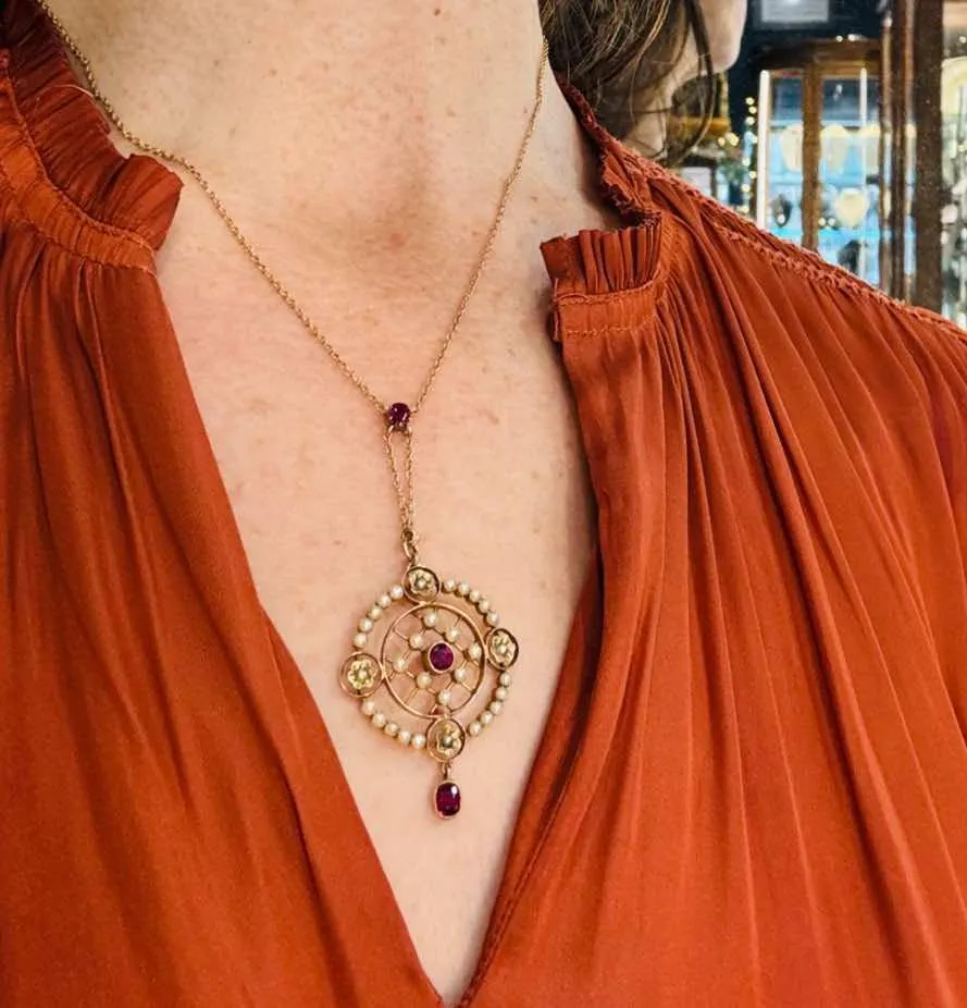 Edwardian Ruby and Pearl Pendant Necklace